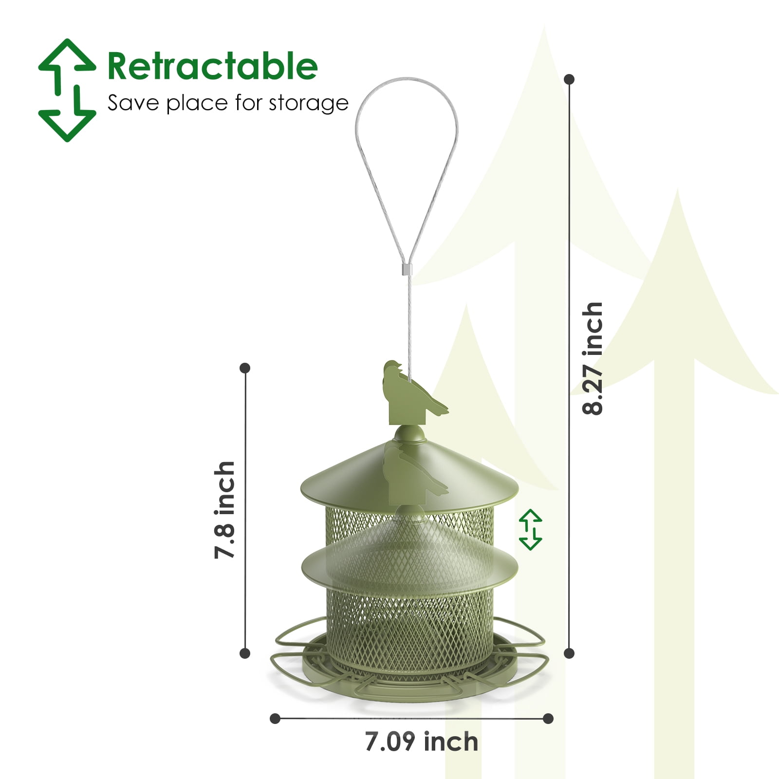 Digipettor Metal Wild Bird Feeder for Outside, Squirrel Proof Bird Feeders, Retractable 4LB Capacity Large Seed Birdfeeder for Outdoors Hanging Garden Yard, Green