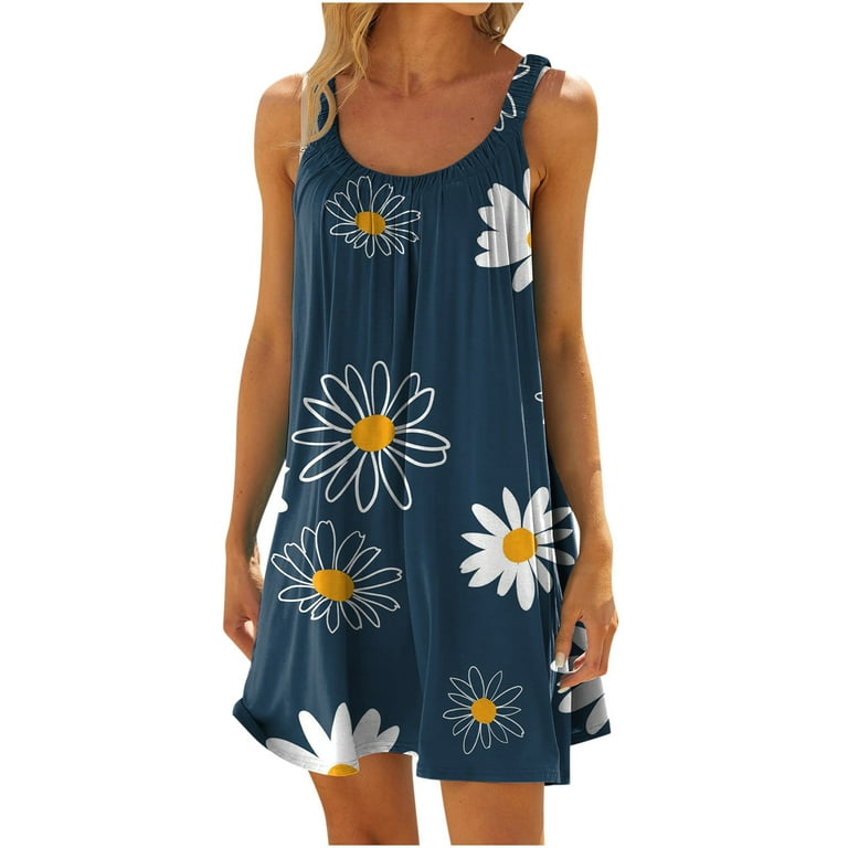 Bigersell Women Summer Sleeveless Tank Dresses Floral Printed Scoop Neck  Ruched Tunic Mini Dresses Pleated Ruffle Short Dresses Beach Sundresses 