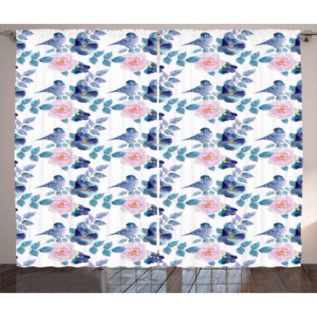 Floral Curtains 2 Panels Set Watercolor Birds Blooming Petals And