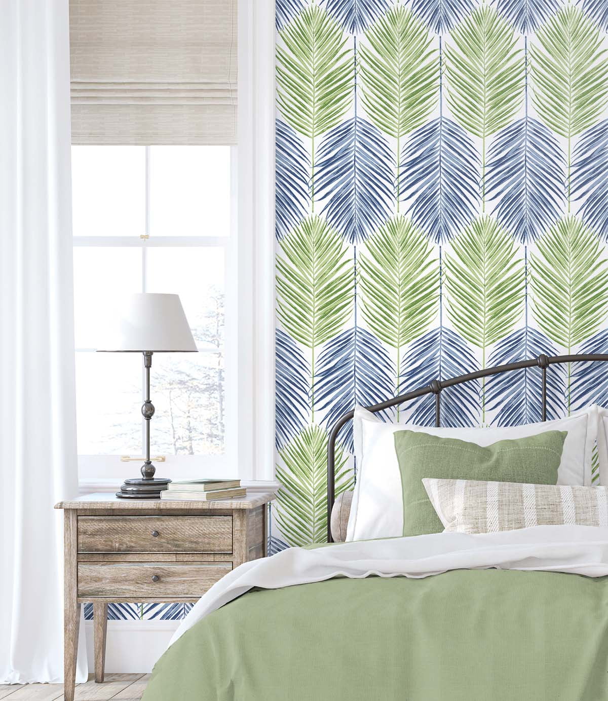 NextWall  Two Toned Palm Peel and Stick Wallpaper 20.5 in. W x 18 ft. L - Coastal Blue & Fern Green