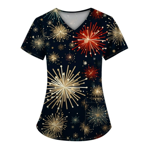 Stralyhd Christmas Scrub Tops Women Christmas Tree Print Nursing Uniform V Neck Short Sleeve Plus Size Stretch Nurse Shirt with Pockets Dark Blue L