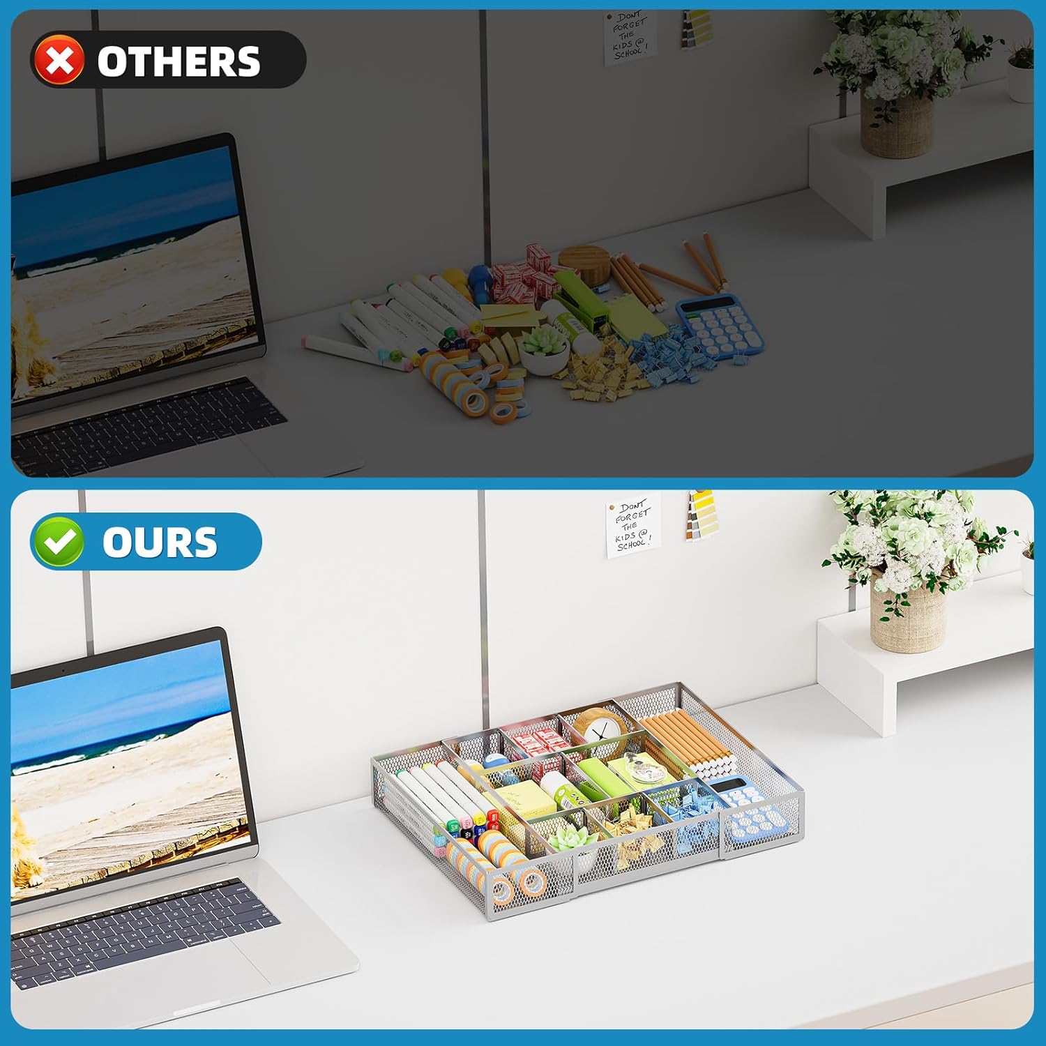 Expandable Desk Drawer Organizer, Mesh Tray with 10 Adjustable Compartments, Desk Organizers for Office Supplies, Makeup & Vanity (Expandable-Silver 2pack)