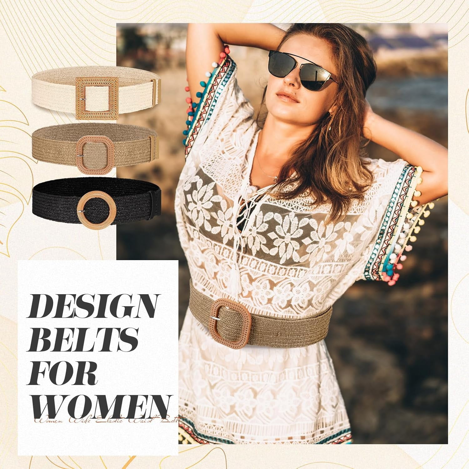 3 Pieces Straw Woven Elastic Waist Belt for Women Bohemian 