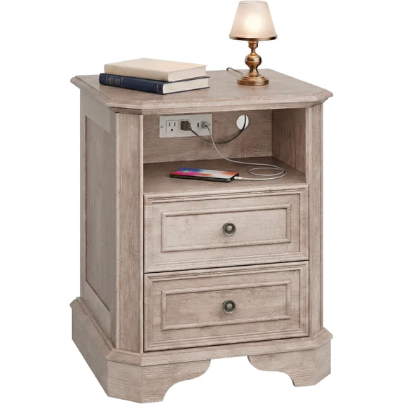 24" Greige Oak Nightstand with Charging Station, Rustic Farmhouse Bedside Table with 2 Drawers and Open Shelf, Distressed Wood End Table with Outlets and USB Ports