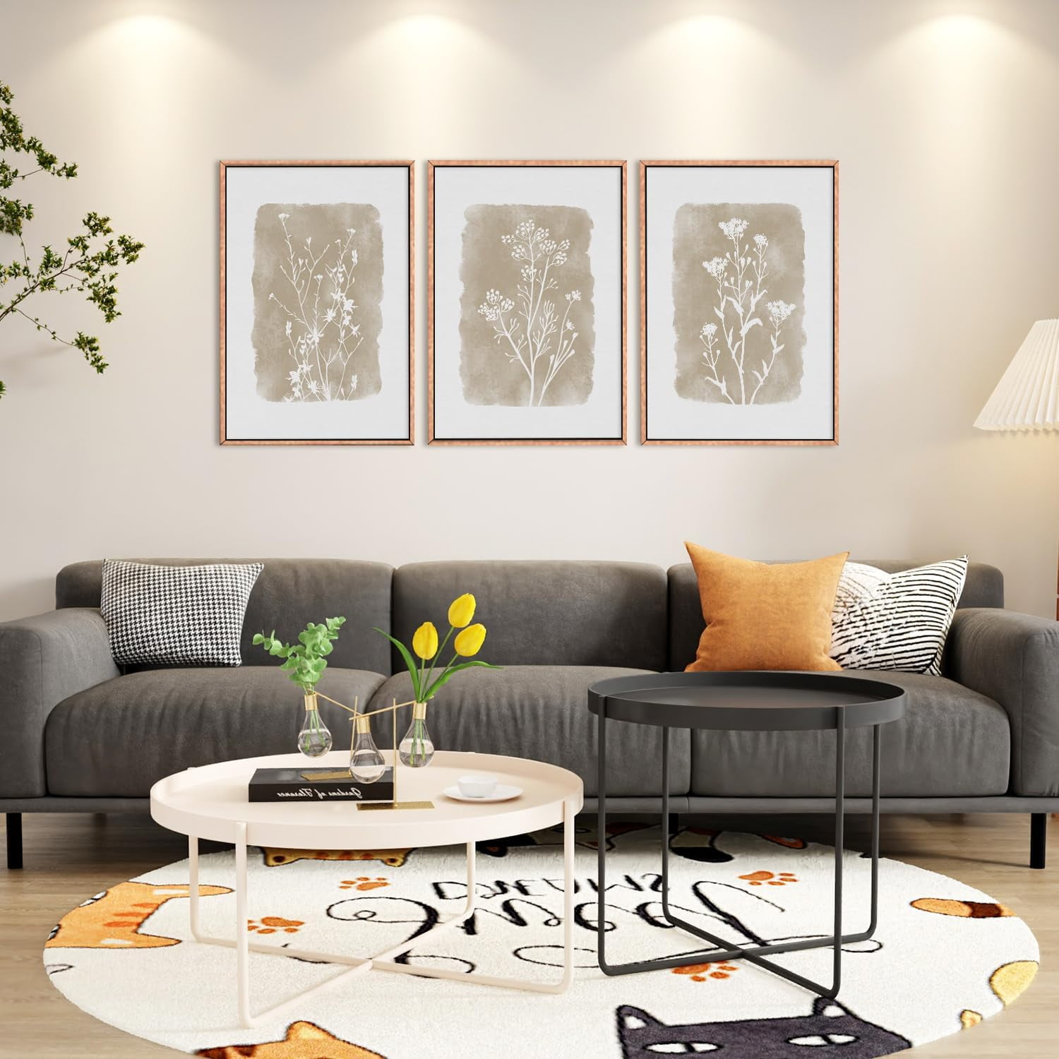 Botanical Farmhouse Wall Art Set, Framed Boho Plant Wall Decor, Neutral Minimalist Floral Wall Painting, Rustic Wildflower Canvas Art Prints for Living Room, Bedroom, Bathroom - Large 16"x24"x3