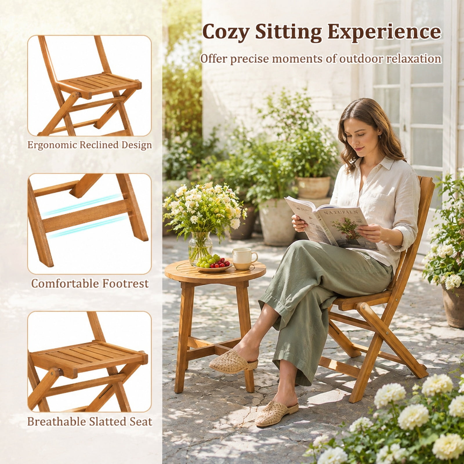 Biotree 2 Pack Folding Chair 34" x 24" for Patio Camping Dining Portable Folding Seat for Outdoor, Brown