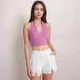 thumbnail image 2 of Women's Ribbed Halter Crop Tank Top with Deep V Neckline Seam Detailing - Mauve Pink, Small, 2 of 5