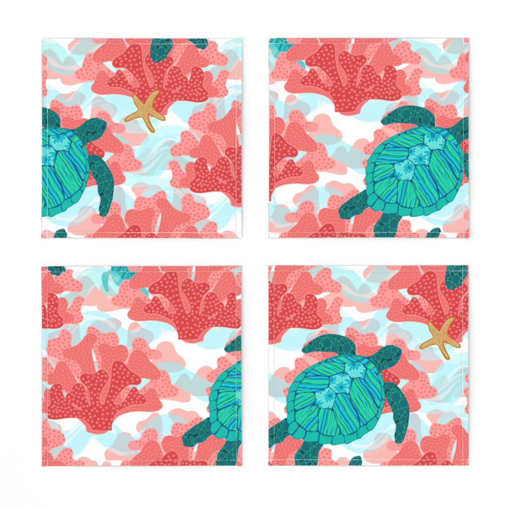 Sea Turtles Coral Mint Green Ocean Cotton Dinner Napkins by Roostery Set of 2