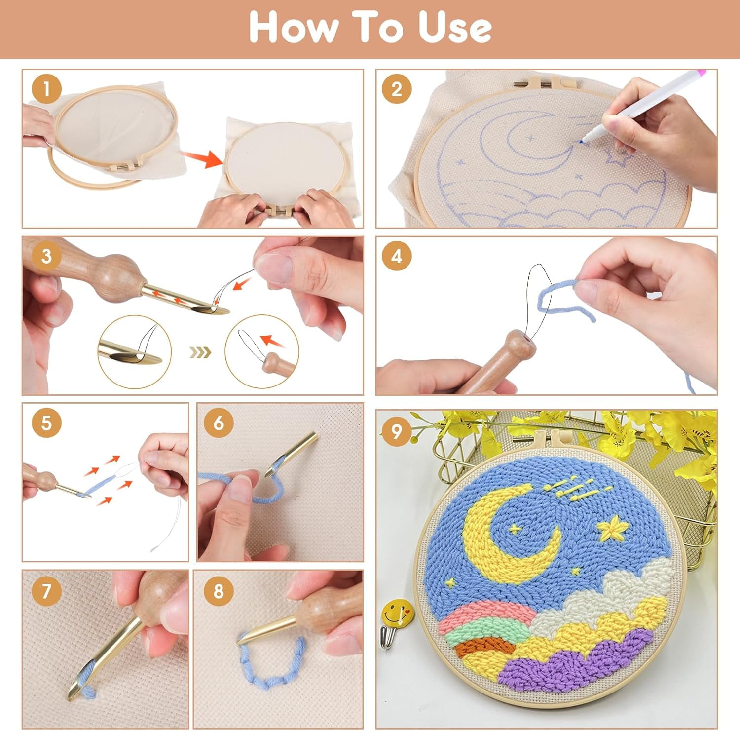 Punch Needle Embroidery Kit - Adjustable Tool, Wooden Handle Pen, Hoops, Cloth, Big Eye Needles, Threaders (Pink)