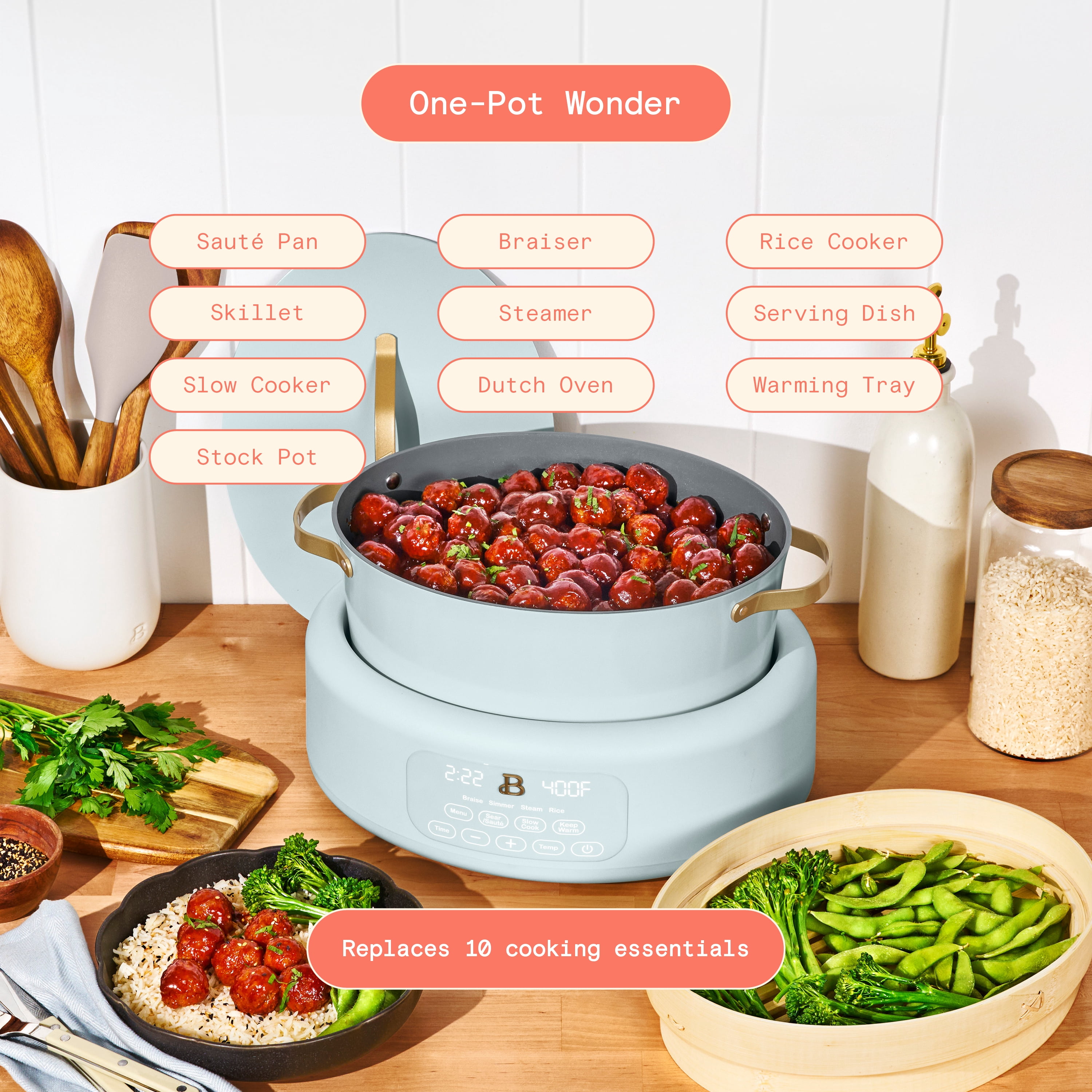 Beautiful 10-in-1, 8 Qt Multi-Cooker with Bamboo Steamer Insert and 7 Preset Functions, Hydrangea by Drew Barrymore