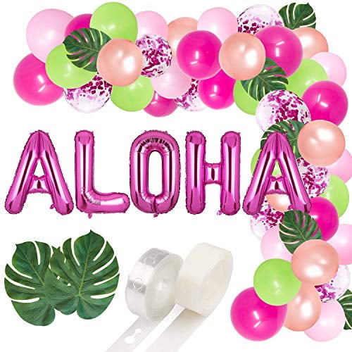 Adurself 76 Pieces Tropical Balloons Garland Kit 12'' Green Hot Pink Rose Gold Pink Balloon Arch Garland with Palm Leaves for Hawaii Flamingo Luau Themed Birthday Party Baby Shower Decorations