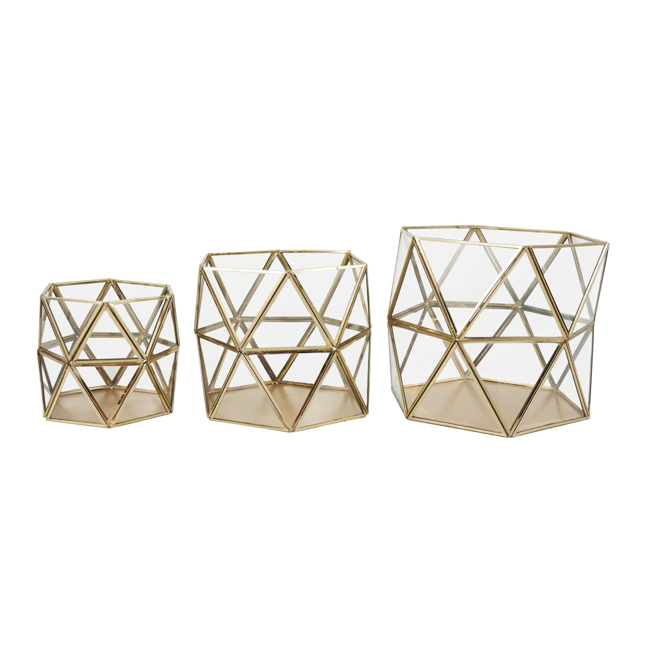 CosmoLiving by Cosmopolitan 3 Holder Gold Metal Geometric Diamond Patterned Hexagon Candle Lantern, Set of 3