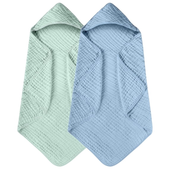 ARLAJO Hooded Baby Towels for Newborn 2 Pack 100% Muslin Organic Cotton Baby Bath Towel with Hood for Babies, Infant, Toddler and Kids, 32X32Inch, Soft and Absorbent Newborn Essential,Blue&Green