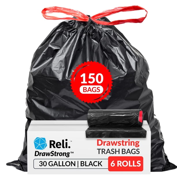 Reli. Bolsas De Basura De 30 Galones Con Cordón | 150 Unidades | Negro | Bolsas De Basura De 30 Galones Resistentes | Grande 30 Galones