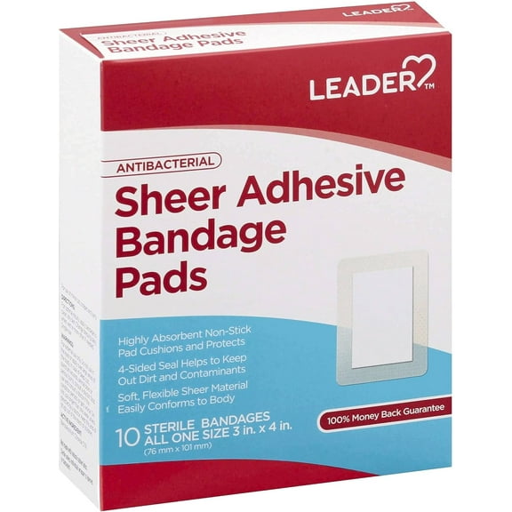 Leader Adhesive Bandage Pads, Sheer, Antibacterial, All One Size, 10 Ea