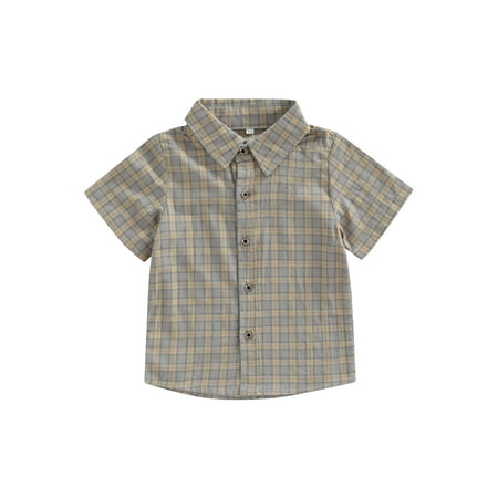

Woshilaocai Kids Toddler Boys Summer Shirts Gentleman Short Sleeve Striped Plaid Print Button Down Turn-Down Neck Tops