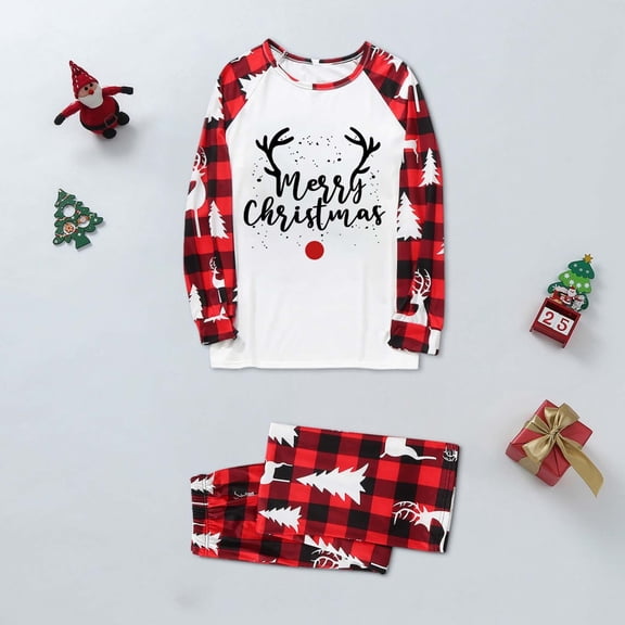 RGGEEUN Family Christmas Pajamas Matching Sets Reindeer Letter Print Crew Neck Long Sleeve Tops Plaid Pants Holiday Pjs Set Everyday Use