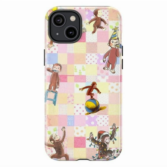 Cute Curious Monkey Circus Phone Case – Colorful Patchwork Design, Fun Cartoon Cover for iPhone 16 15 14 13 12 11 Pro Max Plus