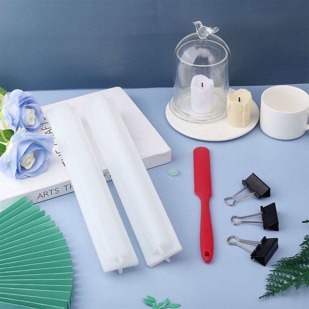 2 Sets Long Tube Silicone Dies with Spatula 4 Pcs Binder Clips Soap Embed Dies Silicone Column Dies Candle Dies