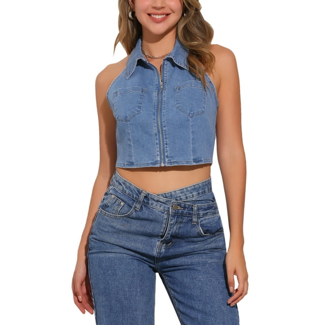 INSPIRAR CHIC Top de Mujer de Mezclilla sin Mangas con Cuello y Cierre en la Parte Frontal Talla XS Color Azul Claro