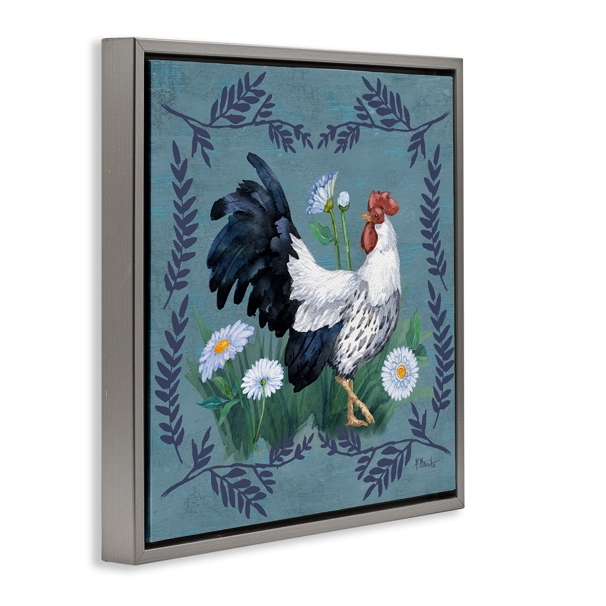 Stupell Industries Ferns & Rooster Animals & Insects Painting Gray Floater Framed Canvas Art Print Wall Art, 25 x 25