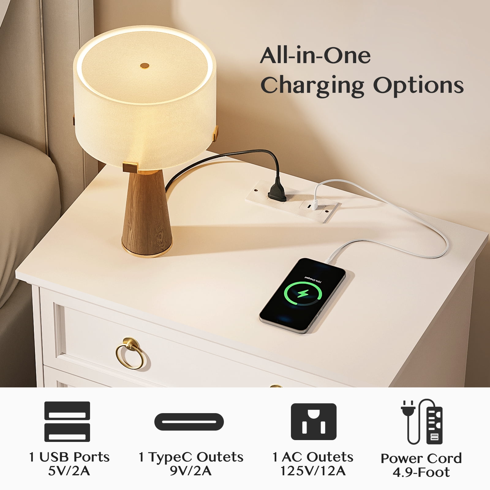 JOINICE Nightstand Set of 2 with 3 Drawers, Wood Bedside Table Night Stand with Charging Station, Sofa Side End Table for Bedroom, Living Room, White