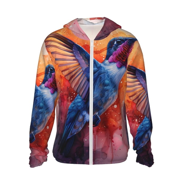 Balery Vibrant Hummingbird Watercolor Art Sudadera ligera de manga larga con capucha y protección solar UPF 50+ para hombre y mujer, ideal para pesca y running-3X-Large