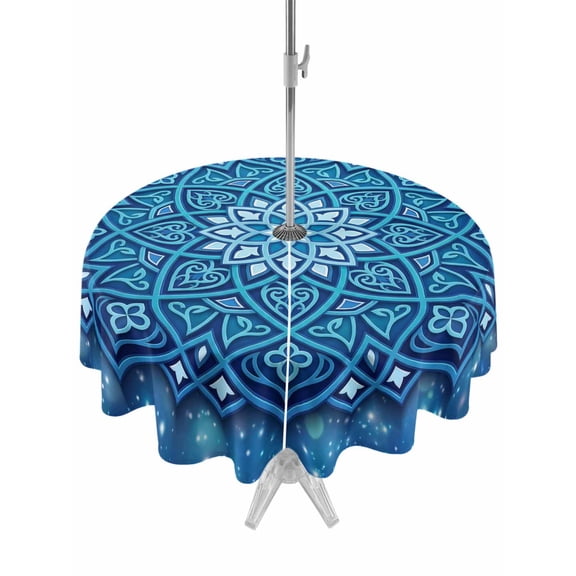Outdoor Tablecloths with Umbrella Hole & Zipper, Blue Flowers Round Tablecloth 54 Inch, Farmhouse Boho Middle Century Floral Art Waterproof Table Cloth, Patio/Pool/Picnic Table Covers