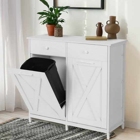 Pirecart Kitchen Double Tilt Out Trash Can Cabinet, 20 Gallons Wooden Laundry Sorter Cabinet with Drawer, White