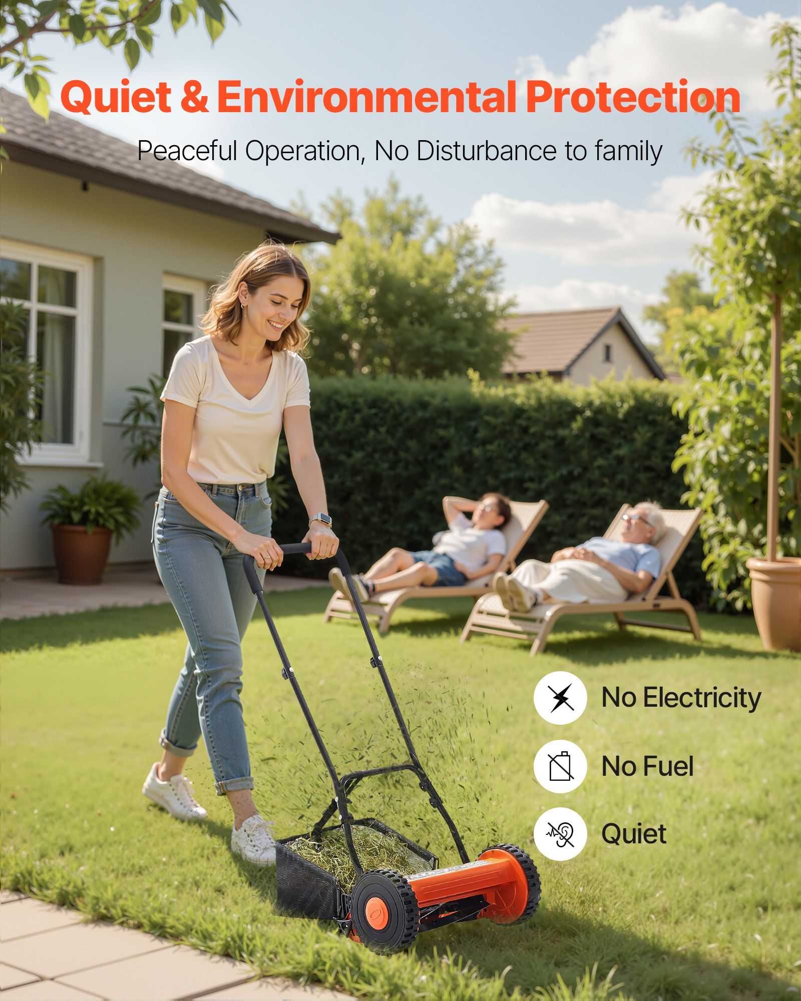 14" 5-Blade Manual Push Reel Lawn Mower with Adjustable Cutting Height, 2-Wheel Design & Detachable Grass Catcher  Eco-Friendly, Quiet, Low Maintenance Lawn Care Tool