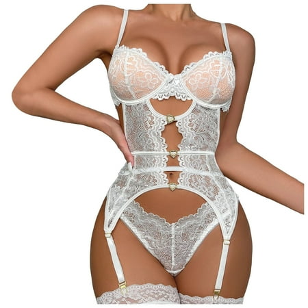 Women Lace Lingerie Set Slim Decor Cut Out Underwire Lingerie Set Two Piece Underwear Bowknot Lace Lingerie Underwear Sleepwear Steel Ring Pajamas Garter Push Up Bras for Women(Size:2XL)
