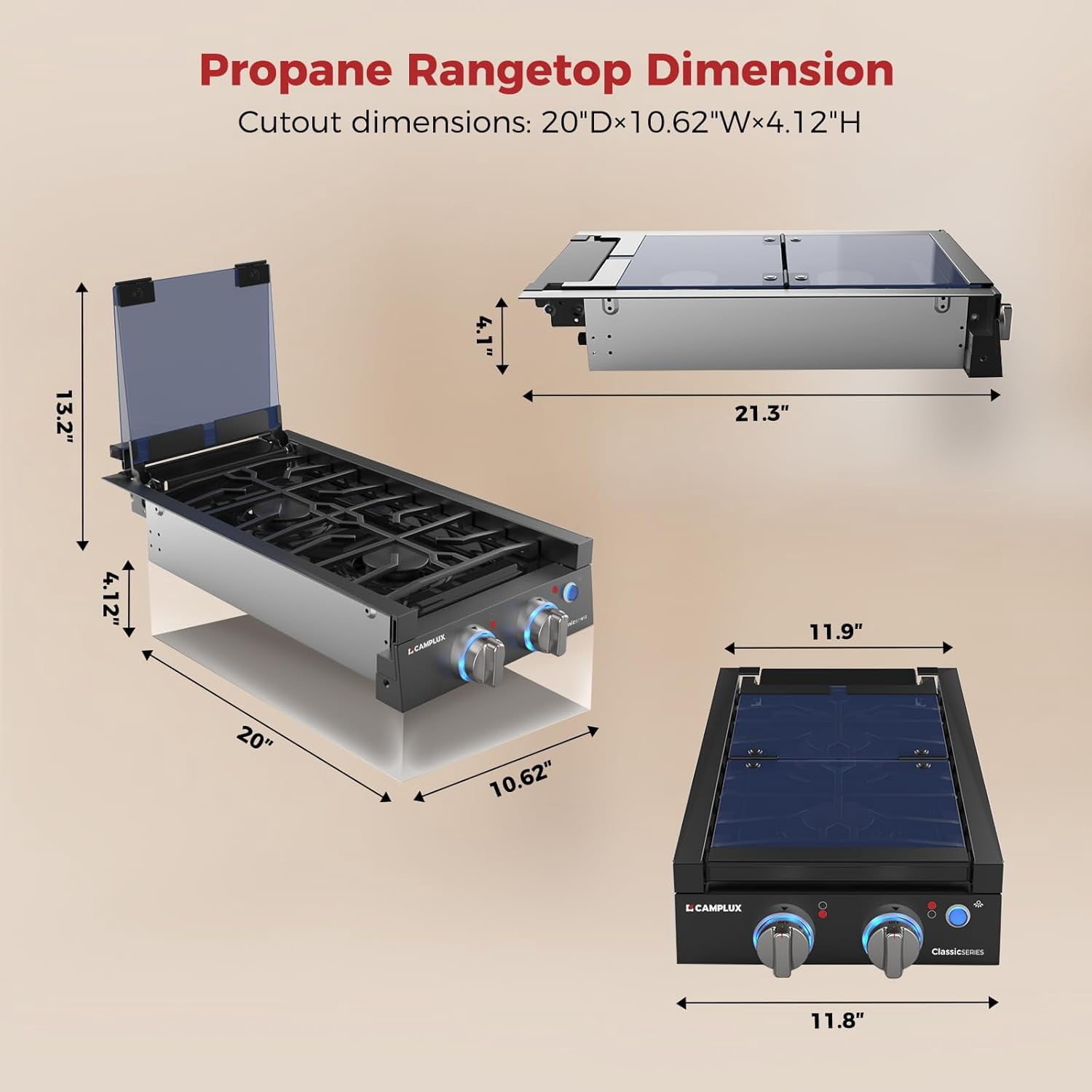 Camplux 12 Inches Gas Range 2 Burners Propane RV Cooktop Stove 13,000 BTU, 12V