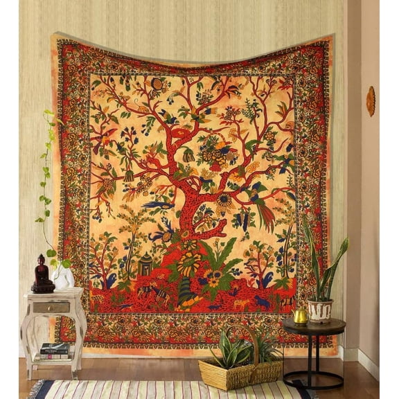 Gojian Tapestry Green Tree of Life Wall Hanging – Indian Cotton Full Size Bedspread, Picnic Sheet, Wall Decor,, Wall Art for Bedroom