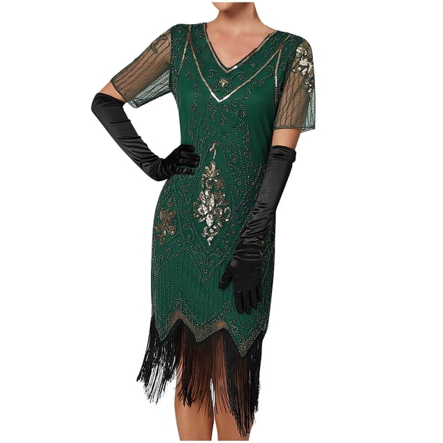 Vestido de Manga Corta para las Mujeres Sexy Cuello en V Lentejuelas Y Detalle Bornilla Color Sólido, Poliéster Elegante para Fiesta Y Vestir de Noche