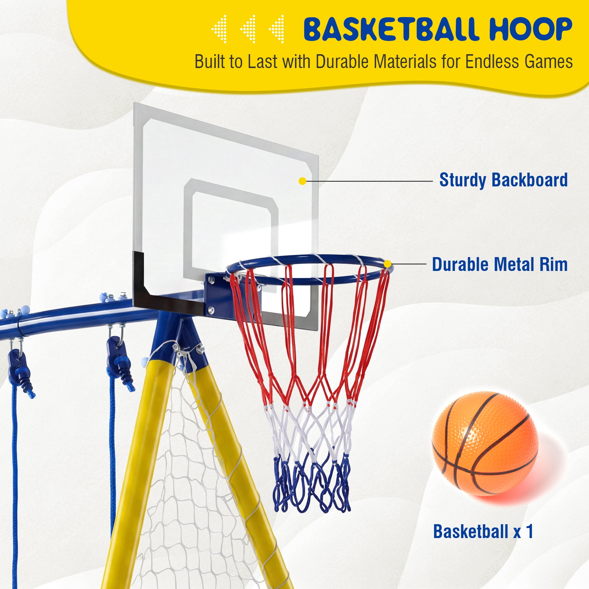 5-in-1 Kids Metal Swing Set with 2-Person Saucer Swing, Belt Swing, Basketball Hoop & Soccer Goal, Heavy Duty 600 LBS Backyard Playground for Toddlers Children Ages 3-10