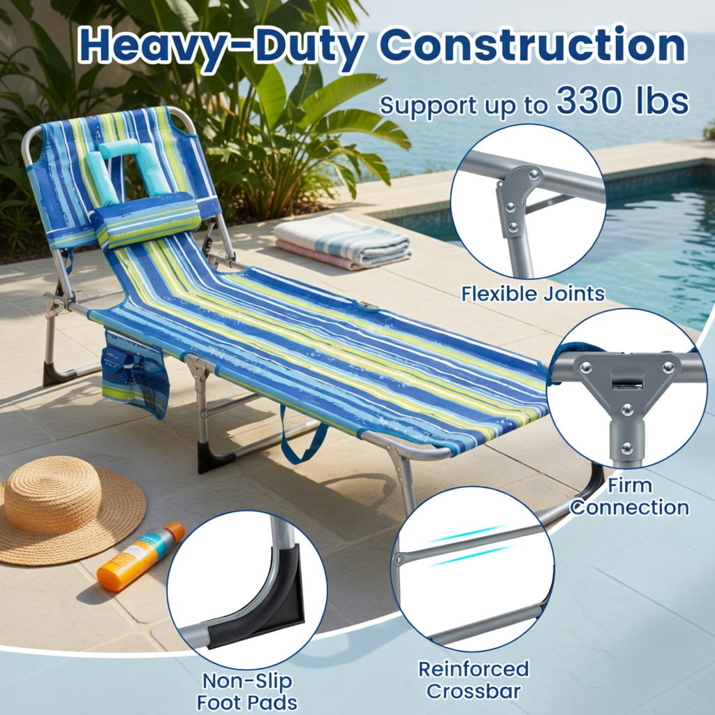 Hommoo Foldable Tanning Chair with Face & Arm Holes, Lightweight Aluminum Frame, Adjustable Recline, Portable Beach & Pool Lounge Chair, Multicolor