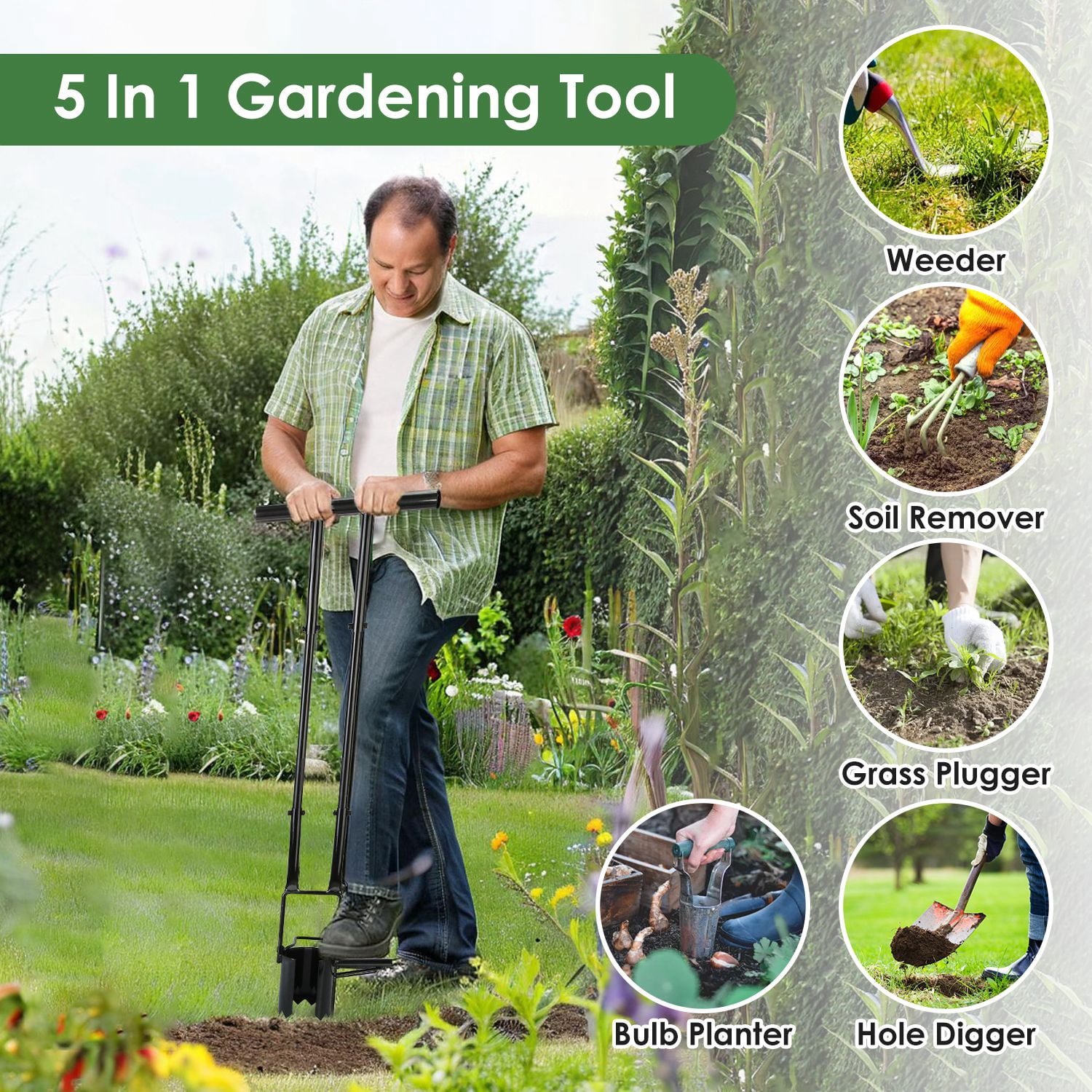 5-in-1 Bulb Planter Tool, Long Handle Garden Digger Weeder Soil Remover for Home Garden Lawn,Easy to Use Bulb Planter, Multifunctional Garden Tool for Planting Weeding Digging