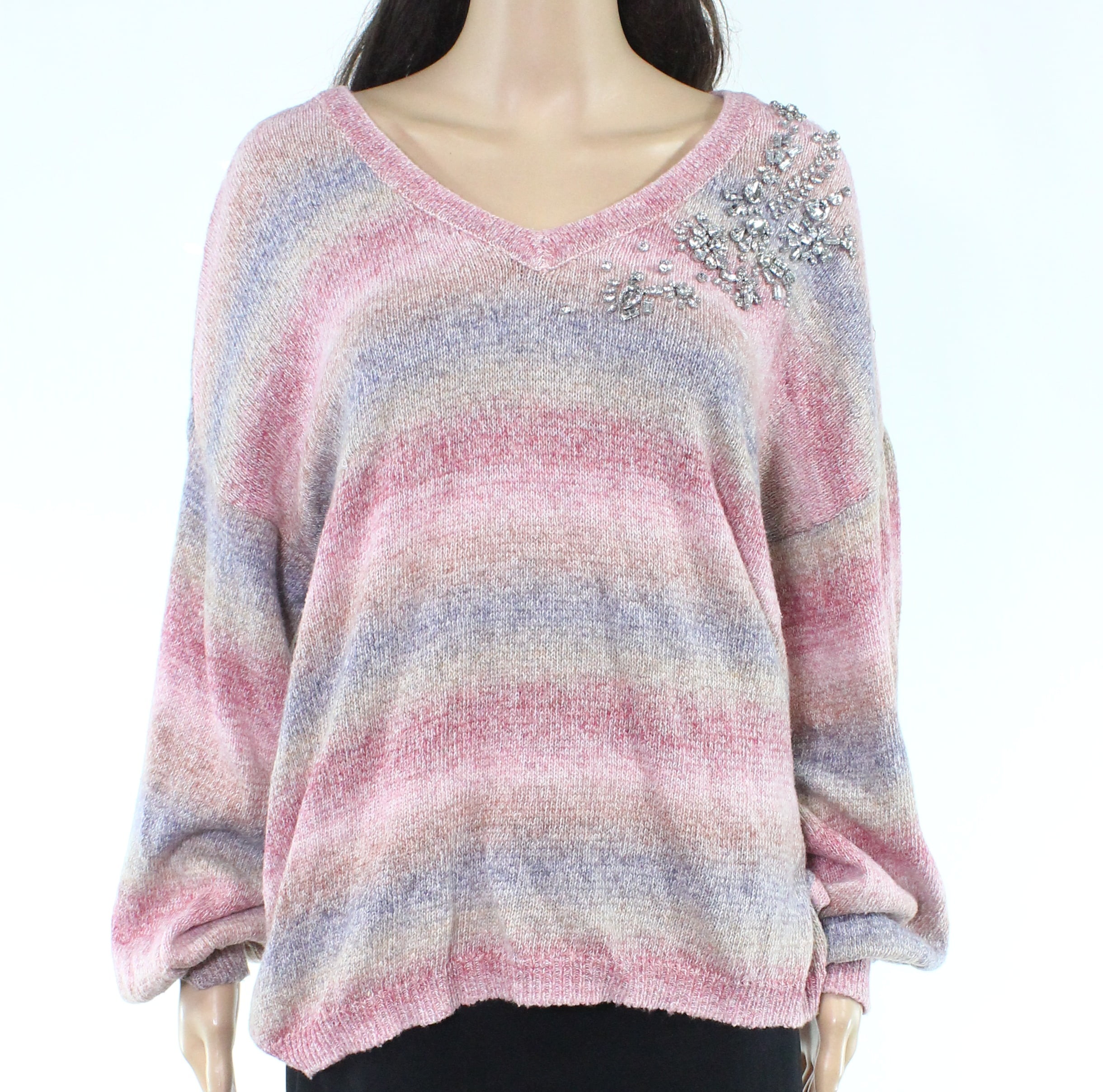 INC Sweaters Womens Sweater VNeck Embellished Striped Marled XL