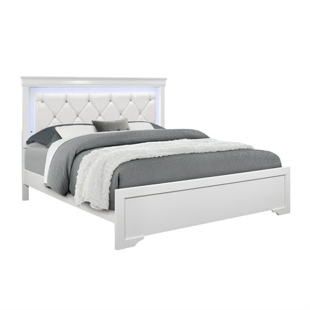 Queen Bed Frame with Crystal Inspired Tufted Padded Headboard and LED Lighting Contemporary Solid Wood and MDF White Bedroom Bed Box Spring Required Polyester Upholstery