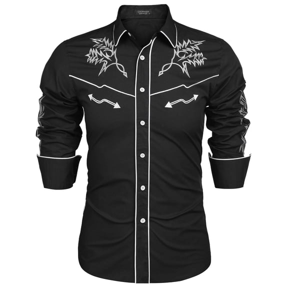 Mens Shirt Embroidered Western Slim Fit Casual Button Down, (BLACK, 4XL)