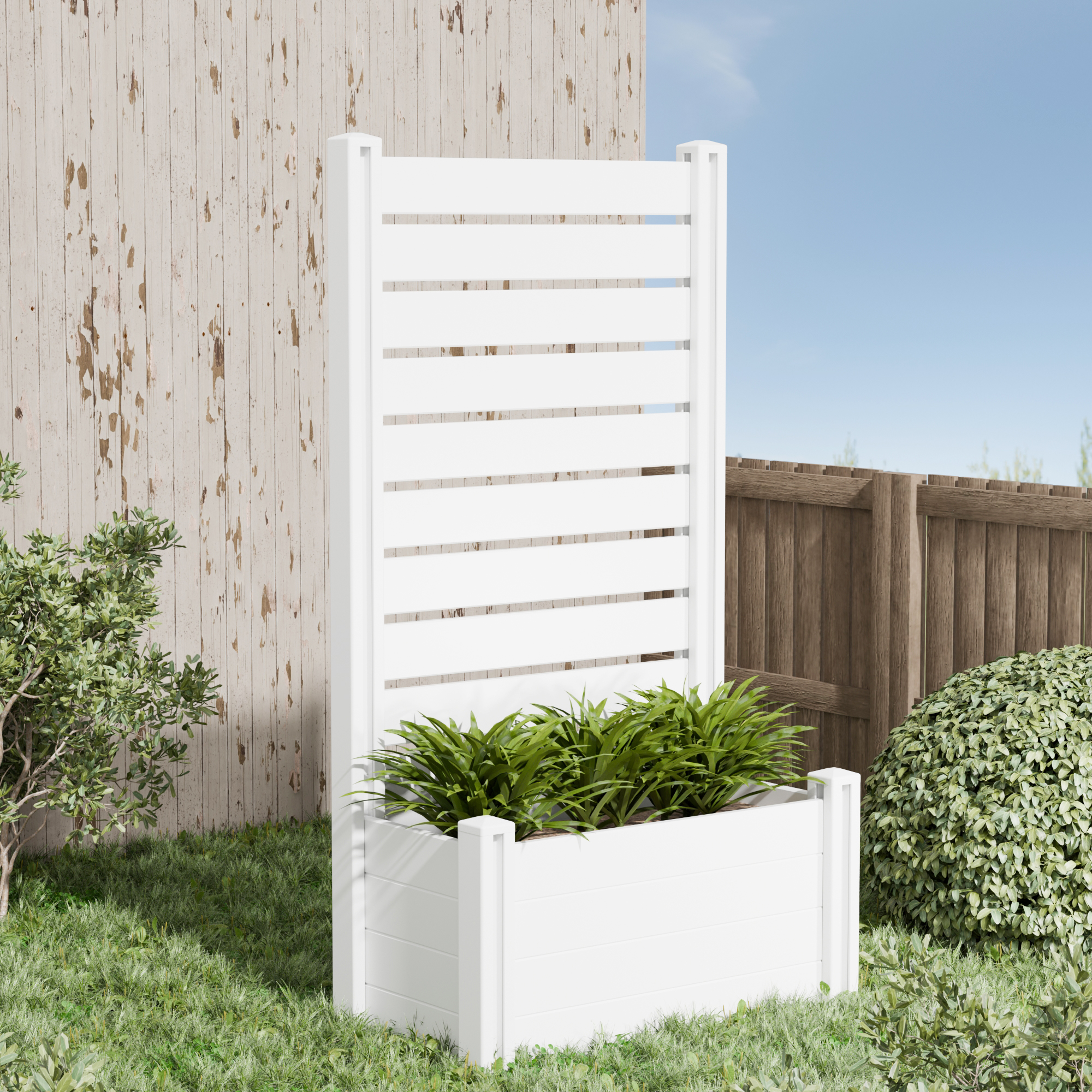 MAYEERTY Outdoor White PVC Rectangular Planter Box with Trellis for Climbing Plants, Raised Garden Bed