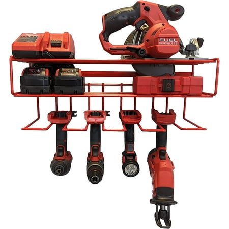

Heavy Duty Floating Tool Shelf & Organizer 2-Pack | Wall Mounted Garage Storage Rack for Handheld & Power Tools | USA Made 100# Weight Limit Compact Steel | Perfect for Milwaukee Tools | Red