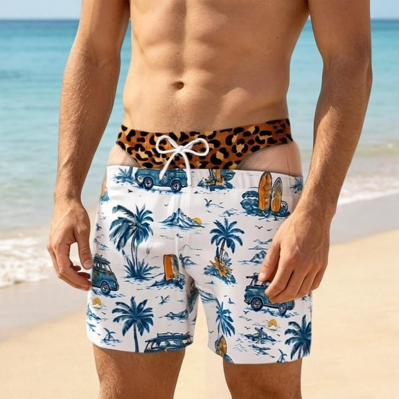 Funny Swim Trunks for Men Leopard Thong Swim Trunks Gag Gifts for Men Hawaii Beach Shorts Boardshorts Gag Gift