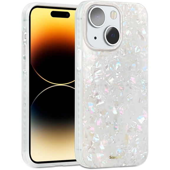 Case for iPhone 14 Case [Compatible with MagSafe] with Colorful Pearl Iridescent Design, Cute Clear Phone Cover for Women Girls and Men, Bumper with Mother of Pearl Shell Pattern