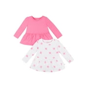 Little Star Organic Baby & Toddler Girl 2 Pk Long Sleeve Brights Peplum Shirt, Size 6 Months-5T