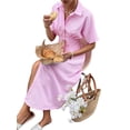 thumbnail image 3 of Women Button Front Pleated Shirt Dresses Summer Casual Short Sleeve Pleated Blouse Mini Dress Pink L, 3 of 8