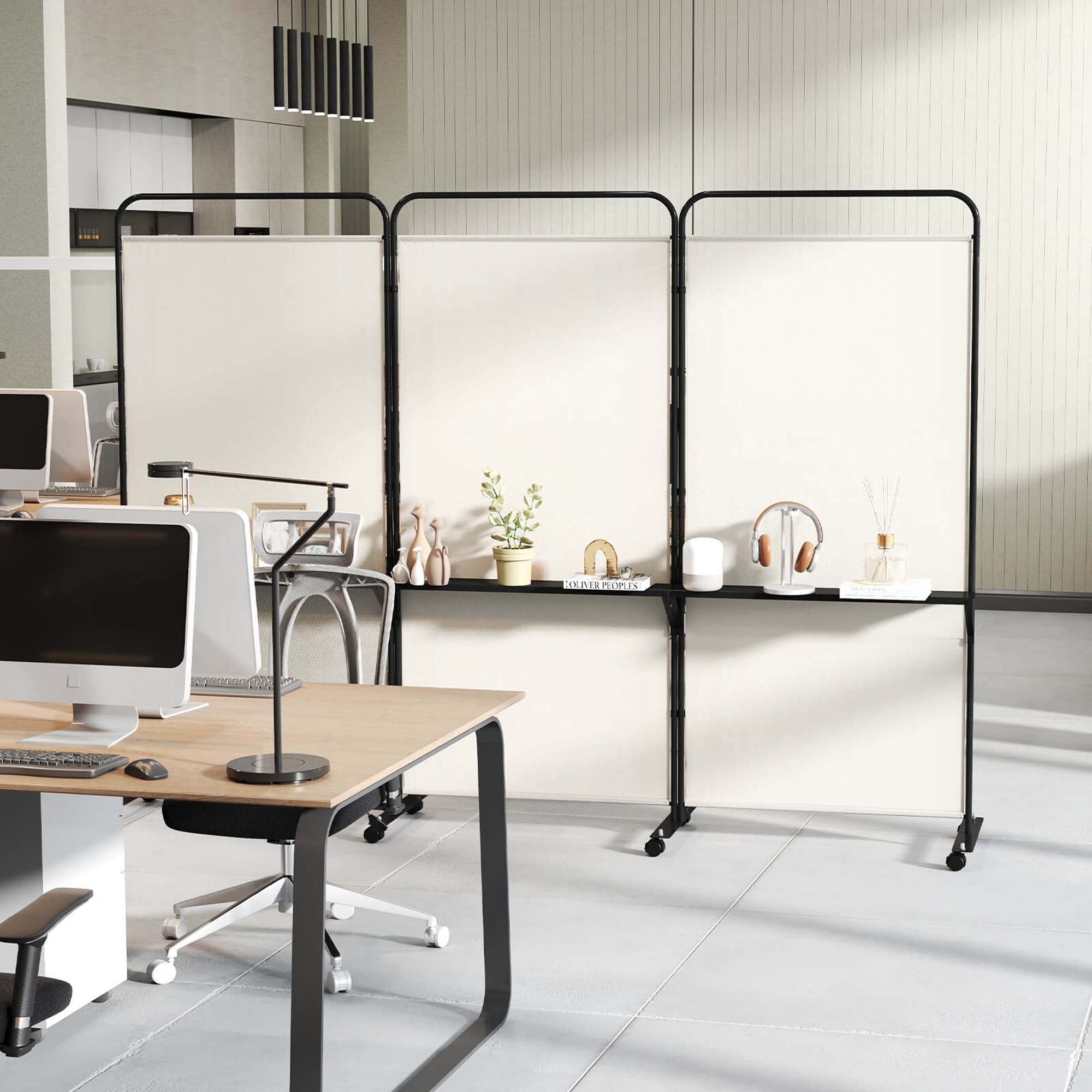 Costway 3-Panel Room Divider with Storage Shelves 6FT Tall Folding Privacy Screen on Wheels White