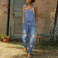 thumbnail image 1 of ICHUANYI Clearance Women's Washed Bib Overalls Casual Ripped Jumpsuits Rompers(Blue, M) ICHUANYI WER2023080701836, 1 of 6