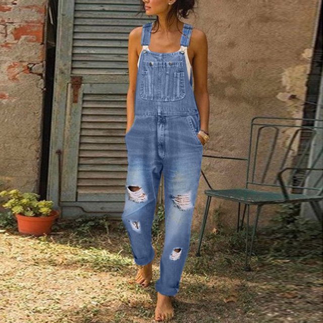 ICHUANYI Clearance Women's Washed Bib Overalls Casual Ripped Jumpsuits Rompers(Blue, M) ICHUANYI WER2023080701836