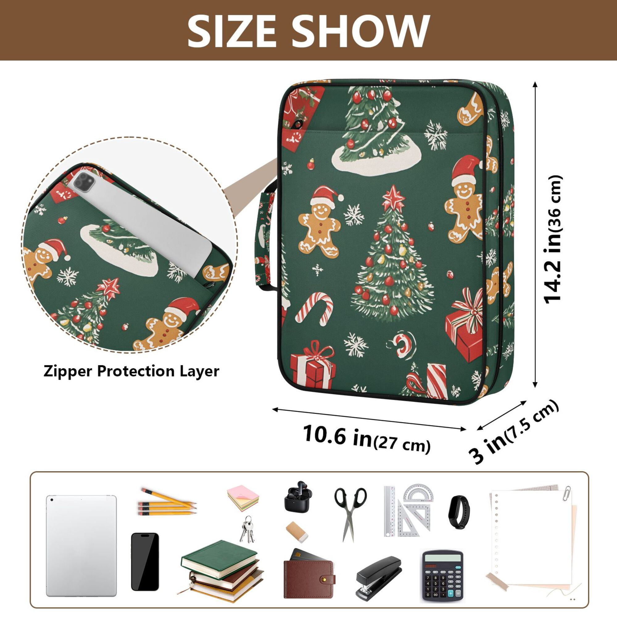 FORMRS Accordion File Folder A4 Size 7-Pocket Expanding Document Organizer Bag with 3 Ring Binder, Yellow Christmas Gingerbread
